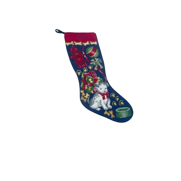 Lands' End Needlepoint Christmas Stocking Dogs Pet Wool Monogram Fast Shipping - Picture 8 of 10